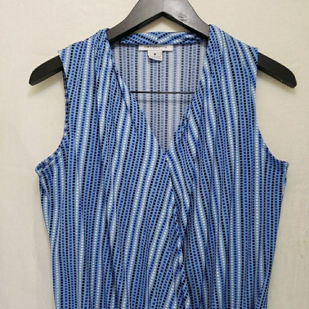 Liz Claiborne Blue Striped Sleeveless Blouse Faux Wrap Drape Neck Tank Top M - Picture 3 of 8
